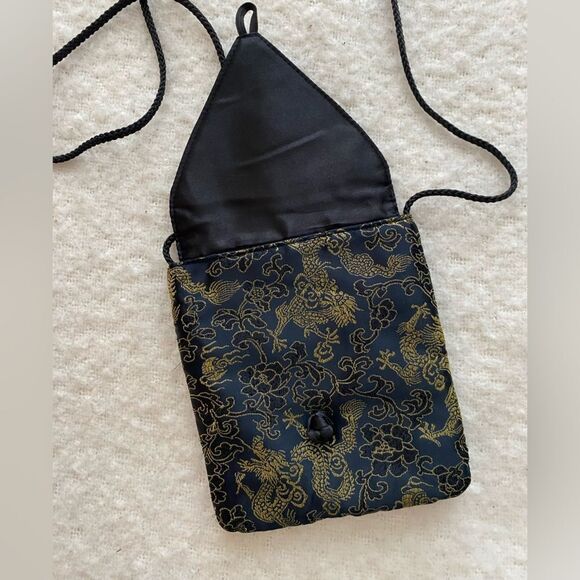 Asian Design Small Satin Crossbody Bag - Gold Embroidery on Black Purse - Picture 4 of 8